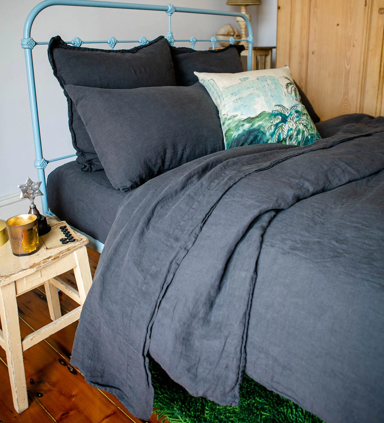 Scout House Textiles Scout Portuguese Linen Quilt Cover Set- Queen - Charcoal