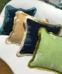Scout House Gifts Silk Velvet Fringed Cushion In Apple Green With A Golden Trim- 40cm Square