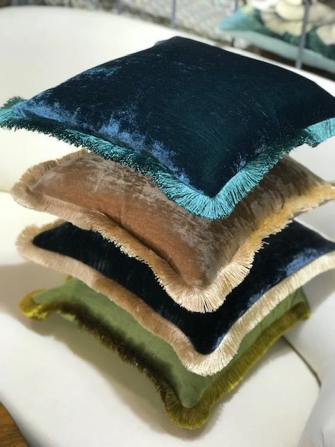 Scout House Silk Velvet Fringed Cushion In Indigo Blue With Gold Trim- 40cm Square