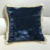 Scout House Silk Velvet Fringed Cushion In Indigo Blue With Gold Trim- 40cm Square