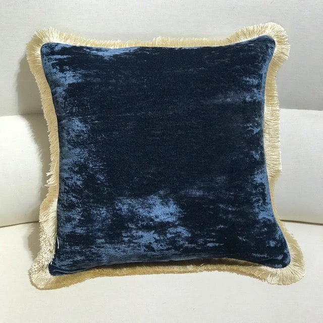 Scout House Silk Velvet Fringed Cushion In Indigo Blue With Gold Trim- 40cm Square