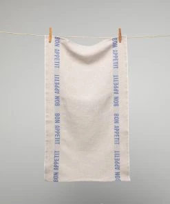 Homewares French 100% Linen Natural With Blue Bon Appetit Text Tea Towel By Charvet Editions