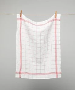 Homewares French 100% Linen Tea Towel White With Red Graph Check By Charvet Editions