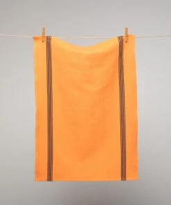 Homewares French Cotton & Linen Tea Towel Tangerine With Black Stripes By Charvet Editions