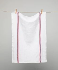 French 100% Linen White With Red & Blue Stripes Tea Towel By Charvet Editions